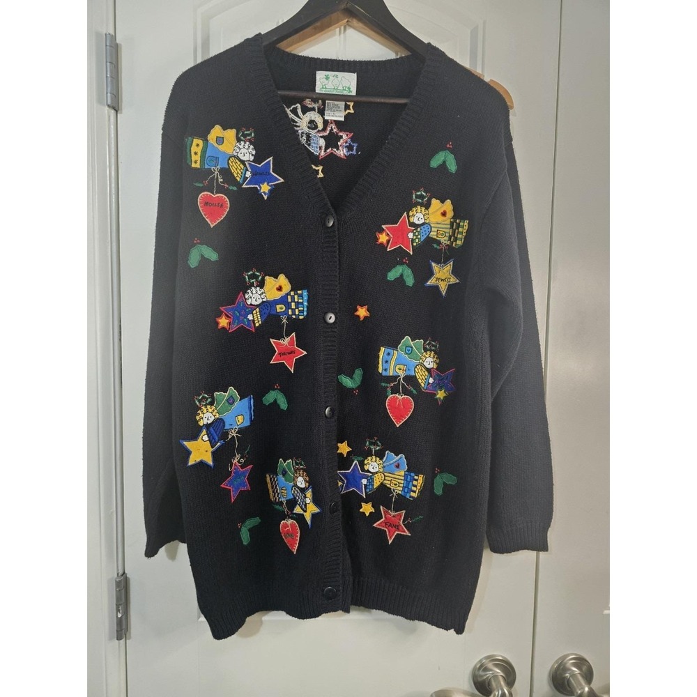 VTG Quacker Factory Womens Black Embroidered Angel Star Heart Cardigan Large EUC